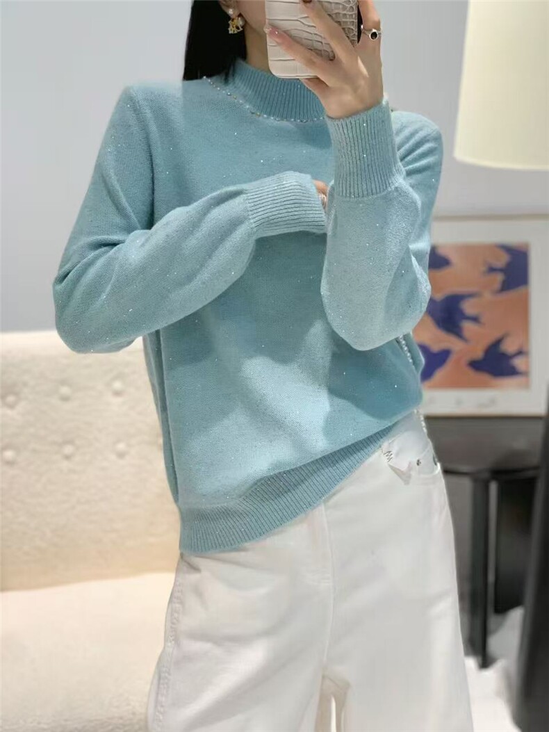 2025年秋季时尚百搭通勤简约休闲亮片针织半高套头，女装针织衫/毛衣，暖烁特种纱工厂店