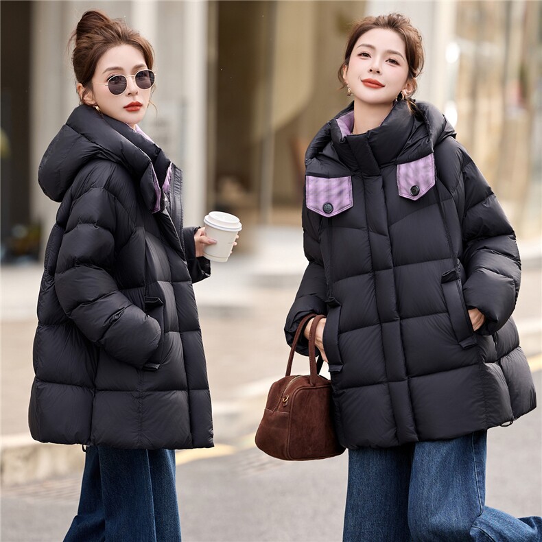 时尚撞色拼接90白鸭绒羽绒服2025冬季新款加厚连帽羽绒外套,女装羽绒服,沁沁公主