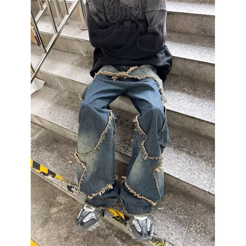 五角星设计牛仔裤男美式复古大口袋毛边做旧水洗高街工装阔腿长裤图片