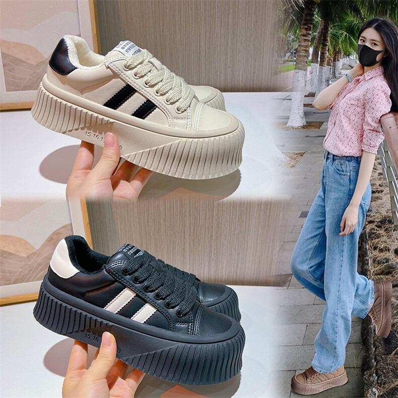 真皮小白鞋女2023冬季新款加绒德训鞋女保暖饼干鞋女厚底休闲女鞋,女鞋休闲鞋,电商A223