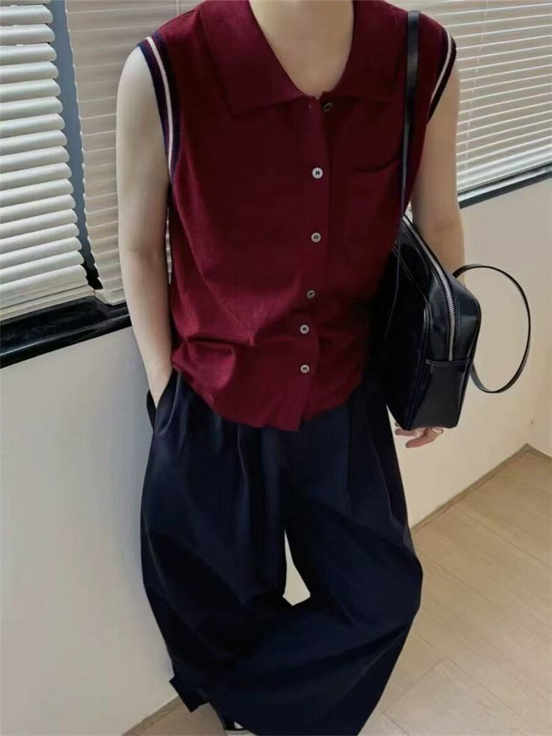 夏季通勤简约舒适百搭显瘦POLO领开衫背心短袖,女装T恤,百纯羊绒