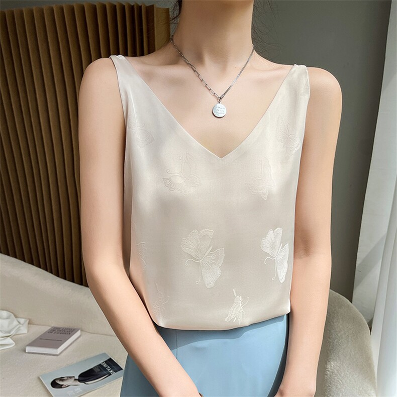 高级感真丝吊带背心女内搭醋酸上衣打底设计感提花V领背心配西装,女装背心吊带,朝贺羊绒