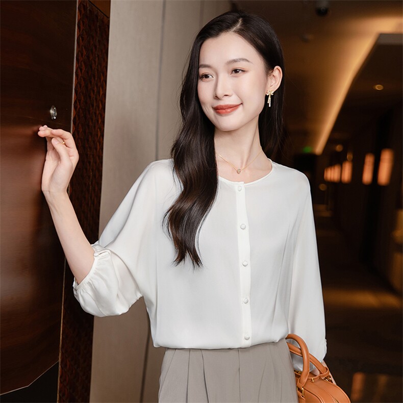 纯色真丝上衣女七分袖2026春夏宽松中袖中年妈妈装真丝T恤小衫,女装衬衫,阿舍尔精品