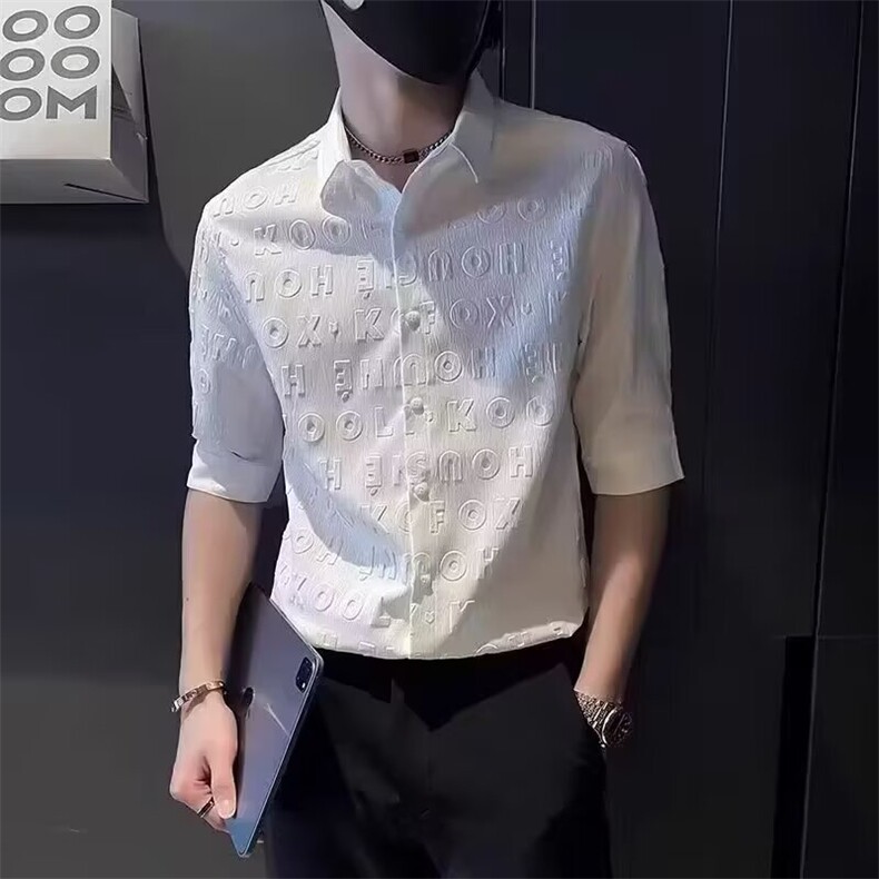 痞帅五分袖衬衫男潮牌短袖立体压花半袖寸衫休闲痞帅男装中袖衬衣,男装衬衫,电商B212（原钱塘6029）