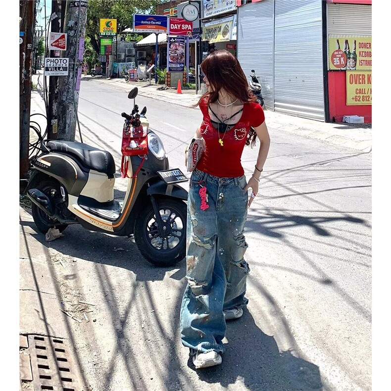 美式高街泥染做旧破洞牛仔裤男女泼墨慵懒拖地宽松阔腿裤潮,男装牛仔裤,星座1018A