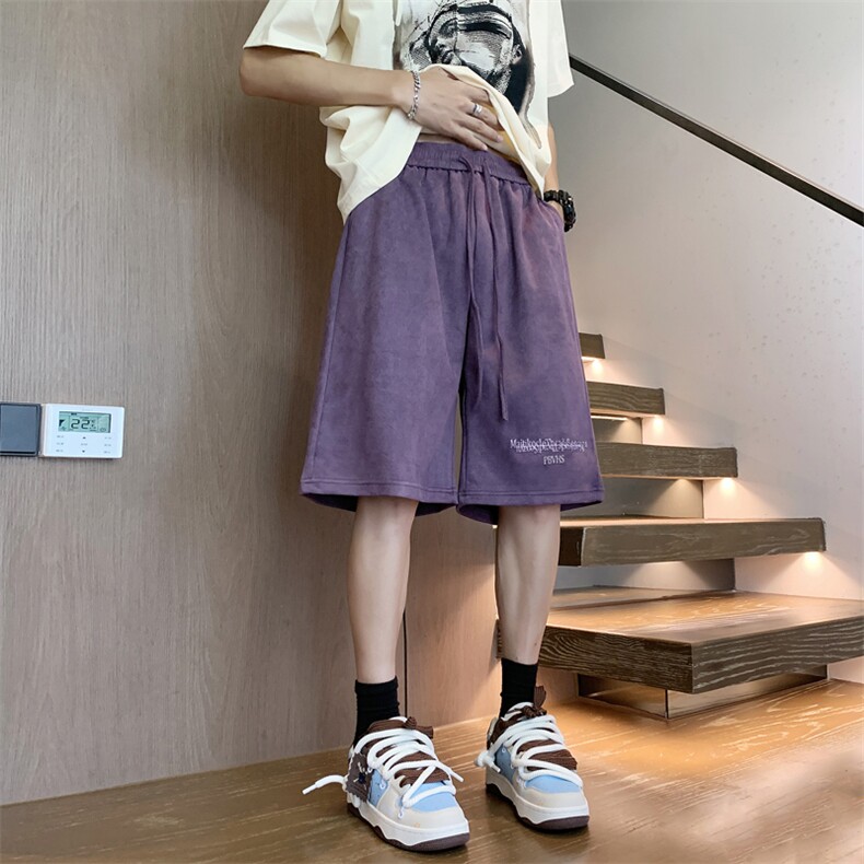 麂皮绒短裤男2024夏季新款美式复古潮牌重磅宽松休闲五分运动裤子,男装牛仔裤,星座410-7