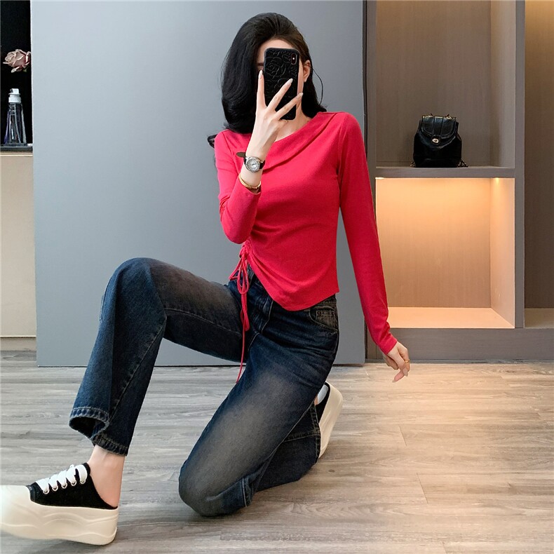 盐系穿搭休闲时尚套装女春款不规则斜肩抽绳长袖上衣牛仔裤两件套,女装套装/套裙,江南