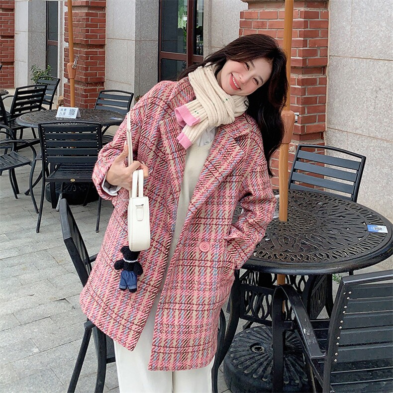 格子淑女宽松毛呢大衣时尚百搭显瘦外套,女装毛呢外套,天使之佳话