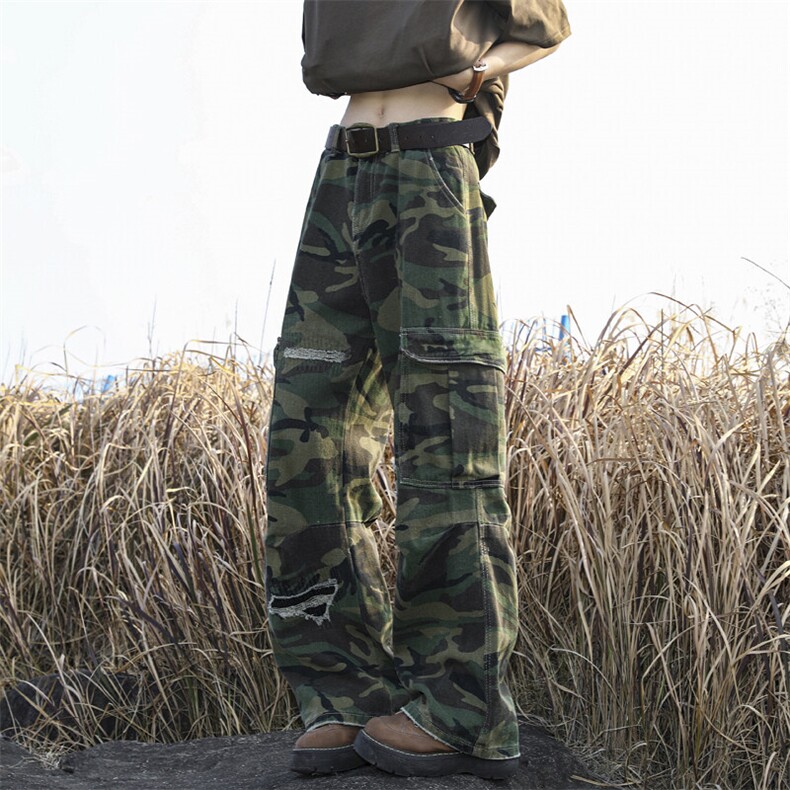 美式街头破洞迷彩裤男夏季潮牌hiphop直筒工装裤宽松阔腿休闲裤子,男装工装外套,星座410-7