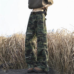 美式街头破洞迷彩裤男夏季潮牌hiphop直筒工装裤宽松阔腿休闲裤子图片