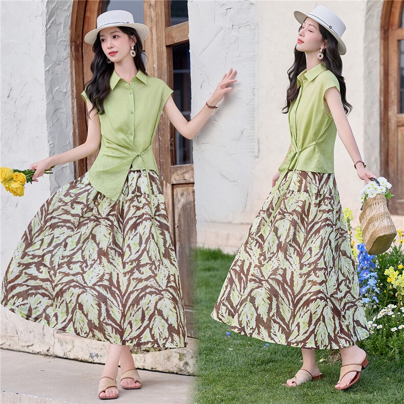 2026夏季新款套装，短袖苎麻透气松弛，半裙花型清凉透气自然，女装套装/套裙，欧米莱