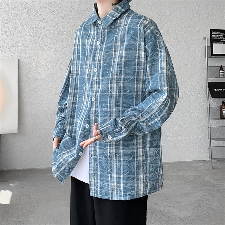 得物二开扎染衬衫A177-CS90-P50格子长袖衬衫,男装衬衫,电商A177