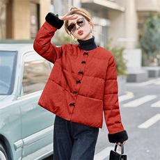 新中式提花羽绒服女2024冬季款毛绒拼接小个子白鸭绒保暖外套，女装羽绒服，时尚俏佳人