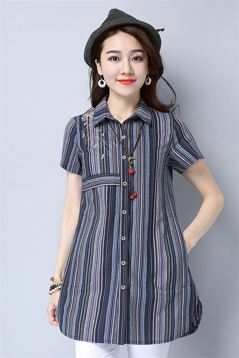 拼接绣花纽扣短袖2021年夏季排多扣方领条纹衬衫中长款,女装衬衫,丽影随形
