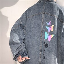 2021秋新港风大码男镭射反光炫彩蝴蝶印花牛仔衣夹克外套NJ126P70，男装夹克，电商A001