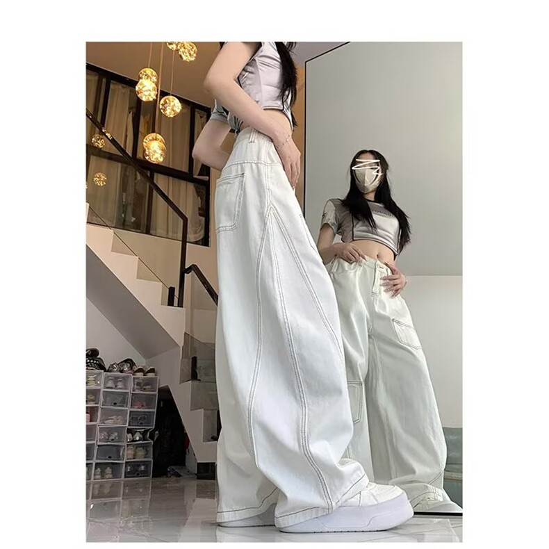 美式复古白色弯刀牛仔裤男女生春秋高街设计感宽松显瘦垂感阔腿裤,男装牛仔裤,星座302B