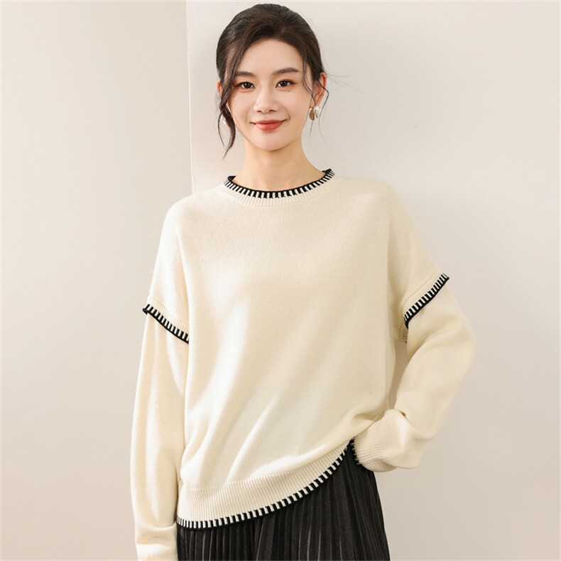 2025年秋季长袖圆领套头极简设计风圆领时尚百搭通勤简约，女装羊毛衫，慕洵羊绒
