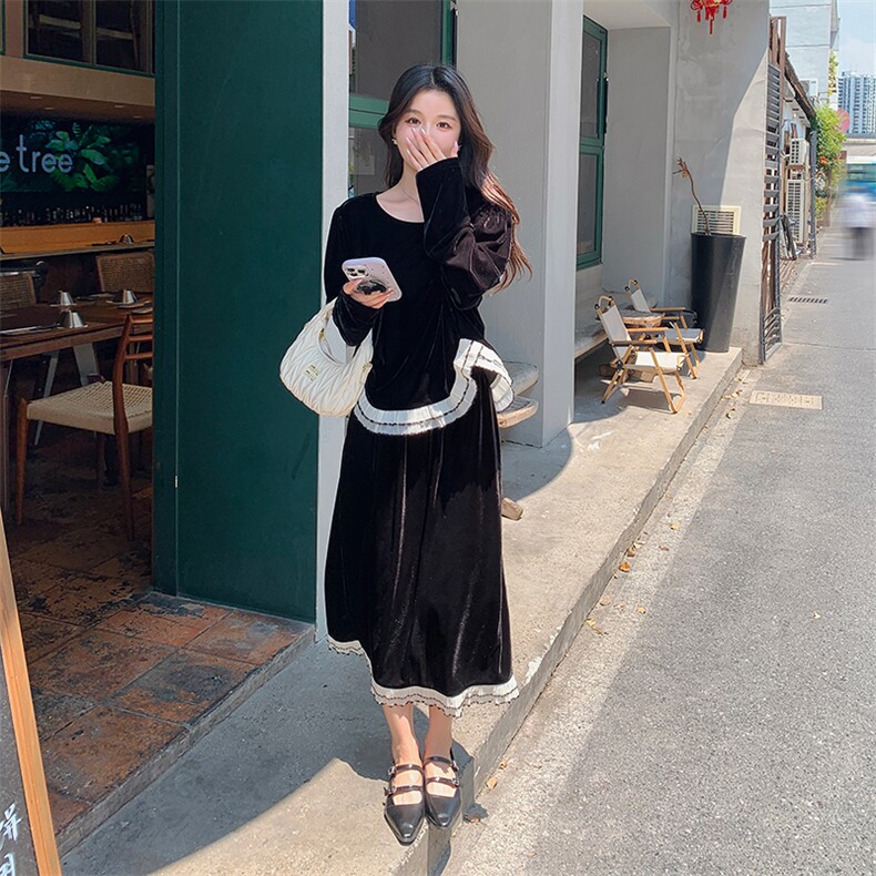 现货秋装气质减龄木耳边金丝绒套装裙两件套2960P145K218,女装套装/套裙,2C029