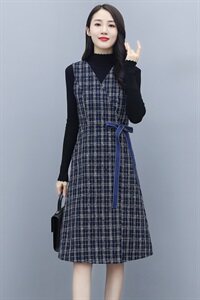 2021秋冬款小香风个性减龄连衣裙长袖拼色格子优雅显瘦两件套图片