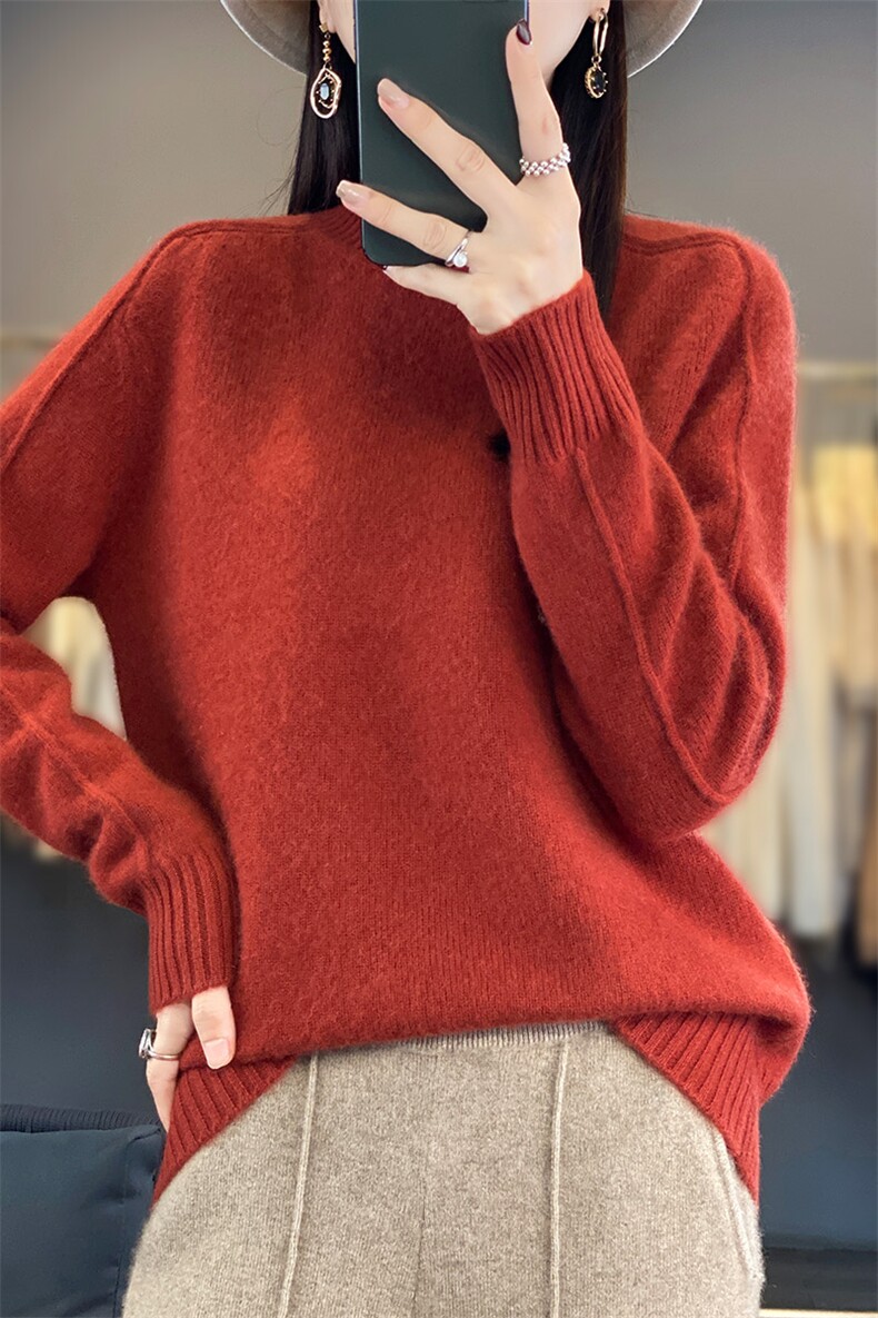 100%纯羊毛衫女圆领纯色长袖针织毛衣秋冬新款宽松羊绒衫内搭打底,女装羊毛衫,琳尚羊绒