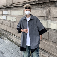 夏季日系复古假两件短袖衬衫男CityBoy休闲五分袖细条纹拼接衬衣，男装衬衫，星座505-2（原电商A260-1)