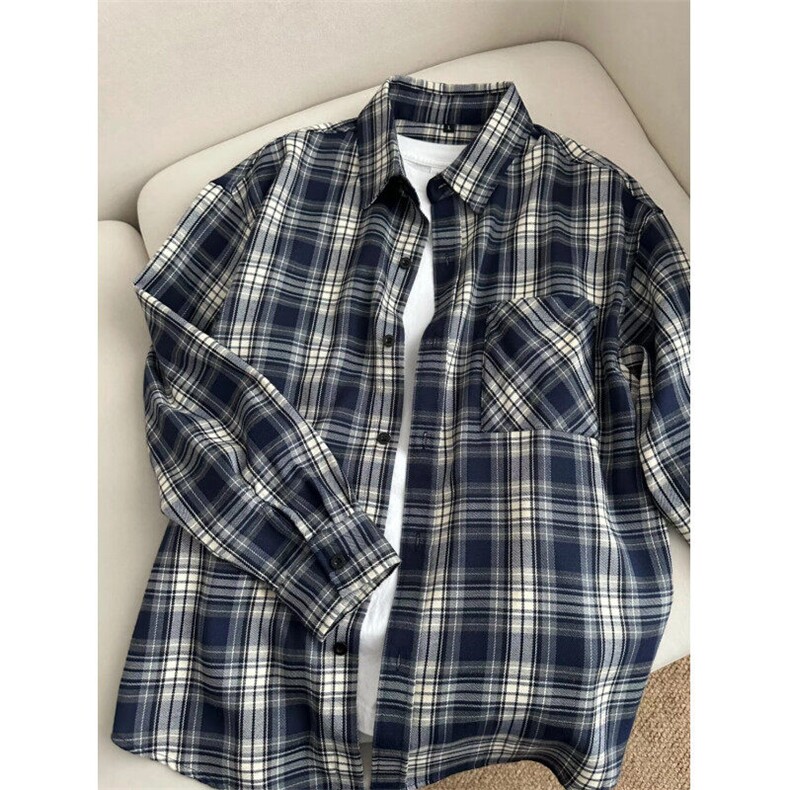 V3211HH-P38 美式复古cleanfit藏青色格子衬衫男美式衬衣外套春季图片