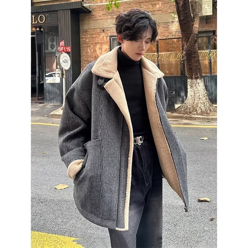 1506-1/M9011/P92蟹钳翻领简约格雷系灰羊毛绒双面尼大衣外套，女装短外套，星座1506-1