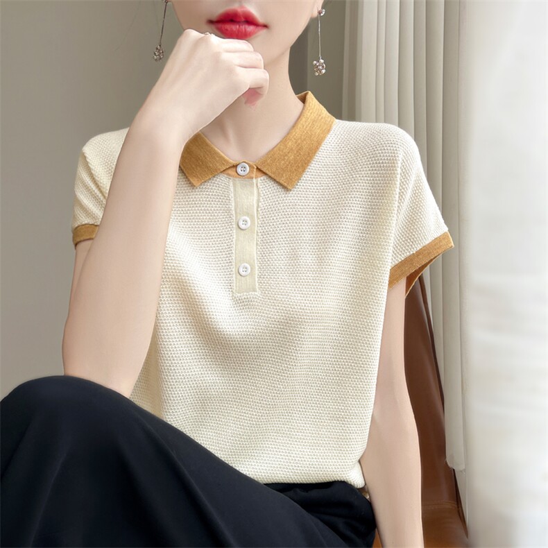 鄂尔多斯市翻领桑蚕丝短袖Tt恤女夏季新款时尚百搭纯色冰丝针织衫，女装T恤，源达羊绒