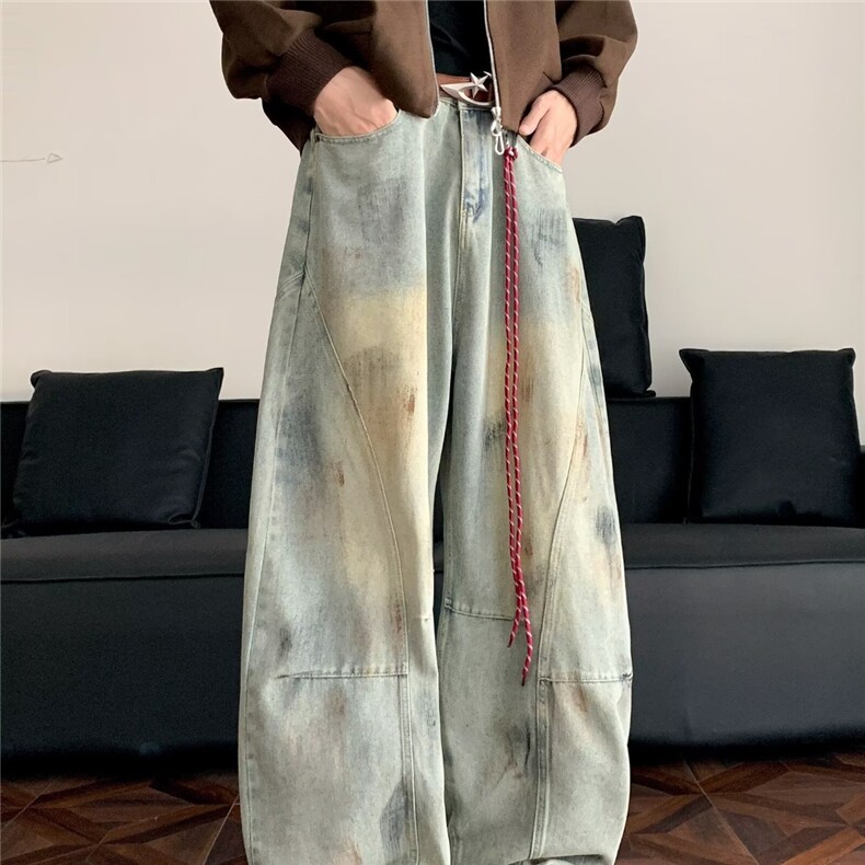 美式黄泥脏染重工水洗弯刀牛仔裤男女宽松阔腿做旧长裤AMA5P52,男装牛仔裤,星座1013-5