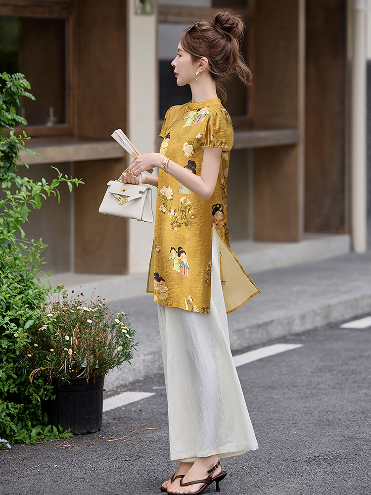 四季青2025夏季新款国风盘扣印花短袖衬衫时尚阔腿长裤两件套女潮,女装套装/套裙,芷墨服饰