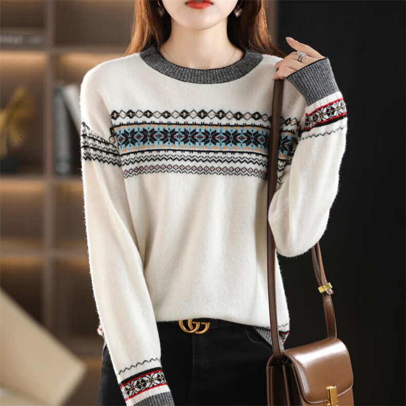 时尚提花落肩女士羊毛衫百搭显瘦保暖圆领毛衣，女装羊毛衫，鑫源羊绒