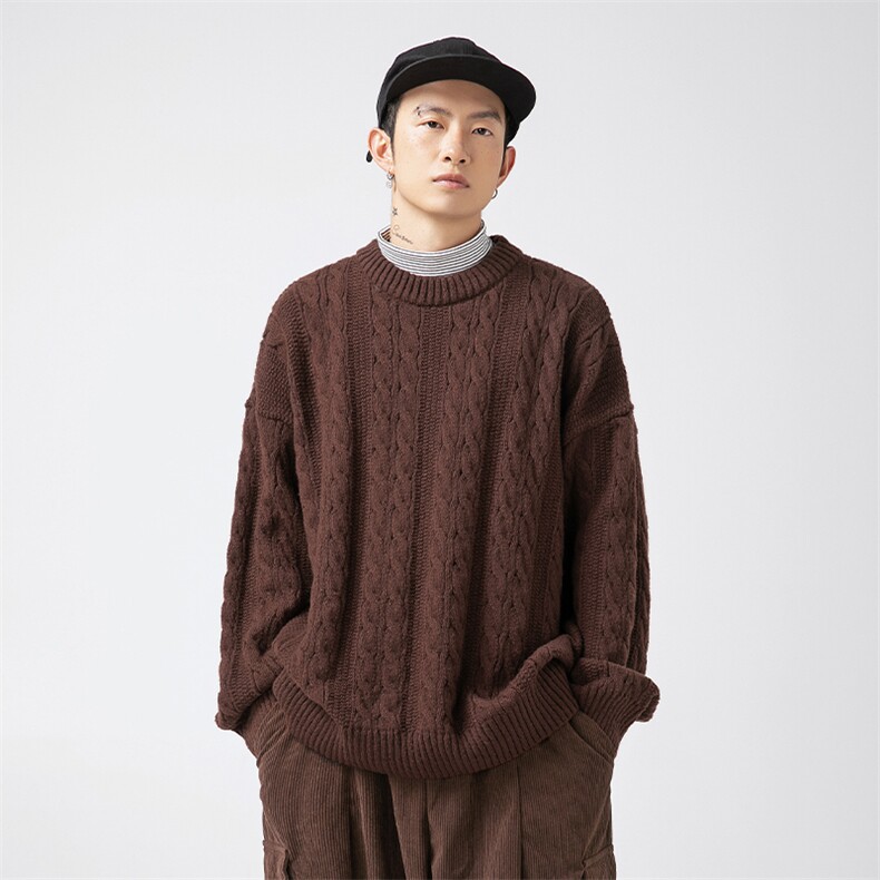 日系绞花工艺纯色圆领毛衣冬季宽松复古针织衫外套K4097-P58控88,男装针织衫/毛衣,电商A362