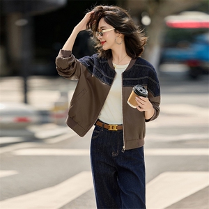 女式皮衣2025秋季新款牛仔拼接百搭休闲时尚PU皮夹克上衣图片