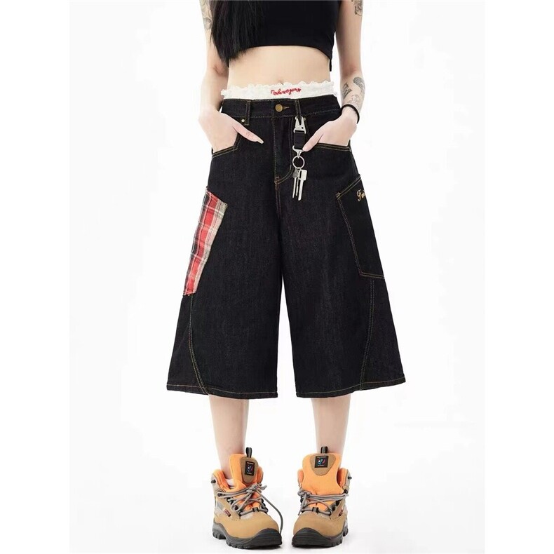 复古格纹拼接牛仔七分裤女夏季新款休闲百搭直筒中裤子LA3322-P49,男装牛仔裤,星座1008