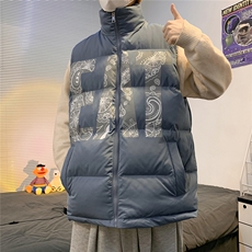 2026秋冬宽松立领印花羽绒棉马甲背心手塞棉MJ17500/P75蓝色，男装背心/马甲，电商A094