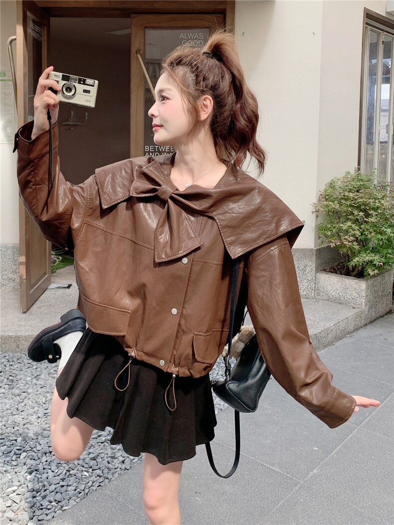 美拉德风娃娃领短款PU皮衣外套女2025年春秋季新款设计感减龄夹克,女装皮衣,蝶眷