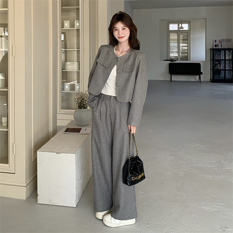 韩版小香风套装女2025早春新款高级感休闲时尚洋气阔腿长裤两件套,女装套装/套裙,秋水欣儿