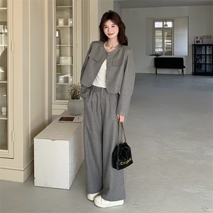 韩版小香风套装女2025早春新款高级感休闲时尚洋气阔腿长裤两件套图片