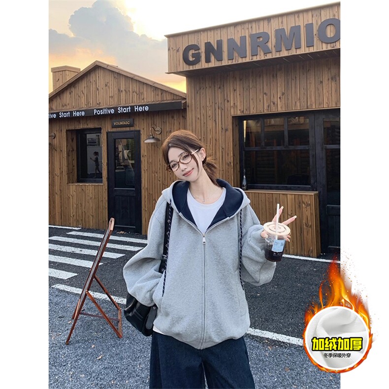 480G重磅加绒硬挺boxy男女秋冬美式高街双层撞色连帽卫衣开衫外套，女装短外套，电商A486-1