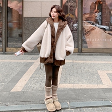 新品撞色连帽仿水貂皮毛一体外套2c309-1013-p195-k288，女装毛呢外套，2C309