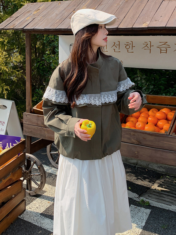 美式复古甜酷风蕾丝拼接暗扣工装外套女2025春款休闲棒球服夹克,女装短外套,蝶眷