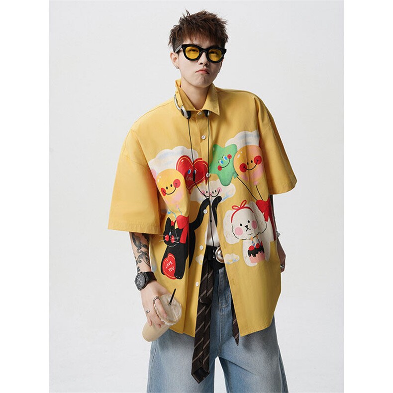 CS1127-P45控78夏季新款设计感大码潮牌冰丝短袖情侣衬衫外套男，男装衬衫，电商A059