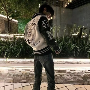 1506-1/JA2401/P74美版嘻哈羊毛呢pu皮刺绣短款夹棉棒球服男女款图片