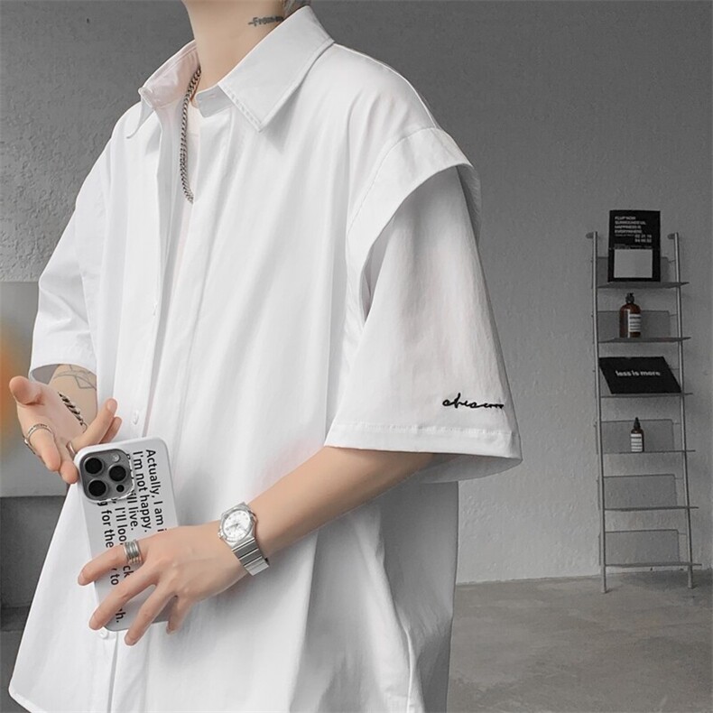 8XL-M假两件垂感冰丝短袖衬衫大码夏季凉感小众设计衬衣DC5003P55,男装衬衫,电商B238