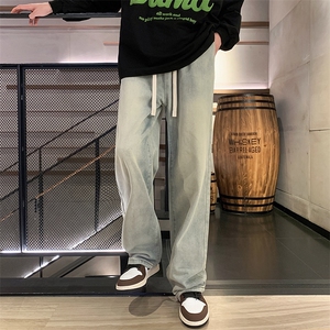 秋冬新款秋冬阔腿拖地牛仔裤男宽松水系复古直筒裤B382/G63/P50