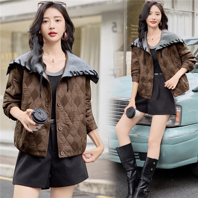 时尚针织大翻领拼接短外套女2025秋季新款百搭显瘦小个子夹克上衣,女装短外套,慕依路