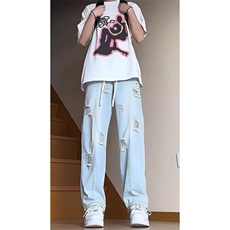 CP1152-P44破洞牛仔裤男夏季薄款潮牌痞帅美式高街直筒长裤，男装牛仔裤，电商B323A