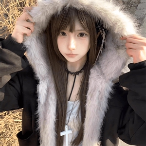 现货重磅硬挺boxy羽绒棉衣座山雕猫耳大毛毛领麂皮棉服冬外套图片
