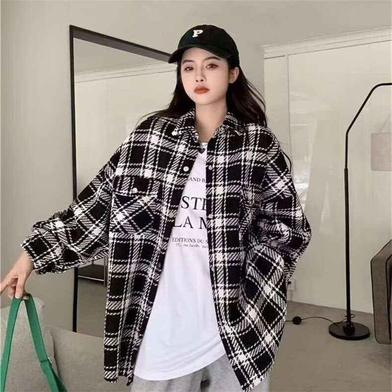 451-P47磨毛格子衬衫女长袖秋季2025新款复古港风宽松设计感,男装衬衫,电商B323A