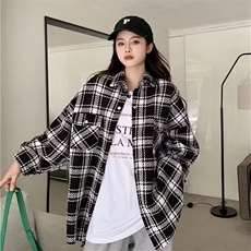 451-P47磨毛格子衬衫女长袖秋季2025新款复古港风宽松设计感，男装衬衫，电商B323A